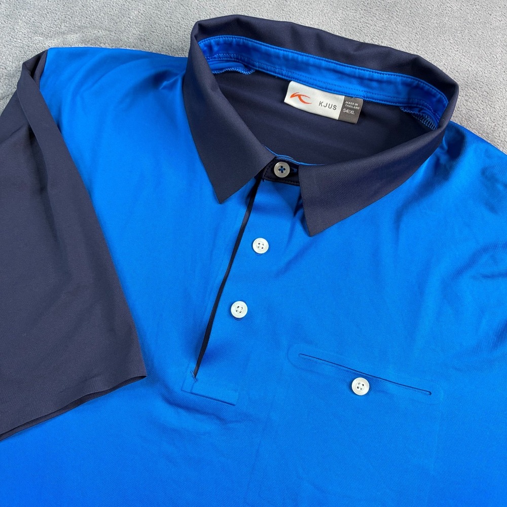 Kjus Men Polo Shirt Navy Blue Sz XL Two Tone Short Sleeve Collared Button Pocket